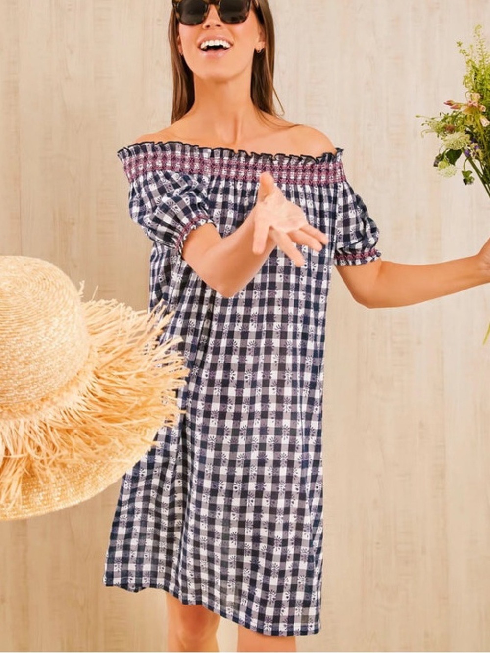 Tuckernuck Navy and White Gingham Off-Shoulder Swim Coverup